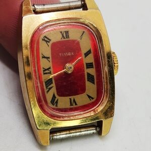 Vtg Timex  Ladies Manual Wind Up 60s Watch Working Gold Tone Red Mcm Retro Tank